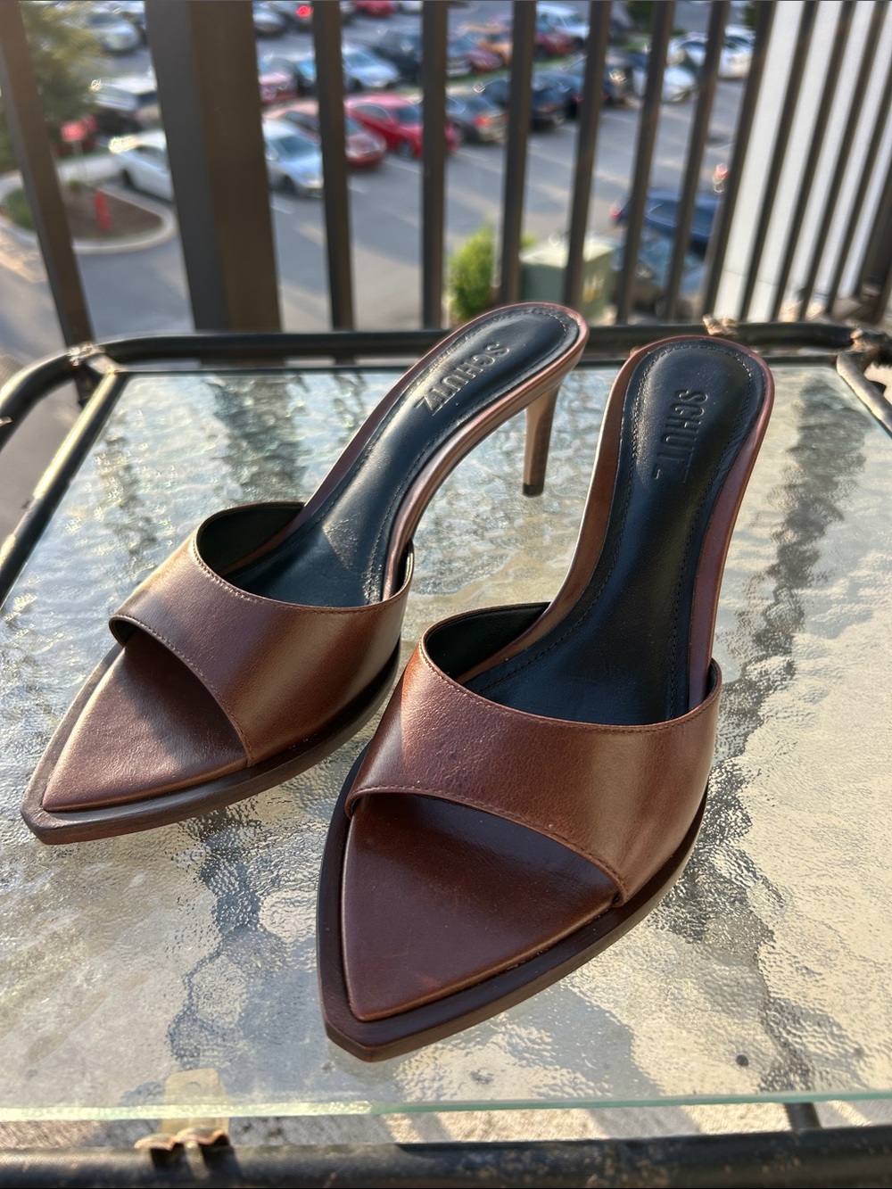 Schutz “Elise” Brown Leather Pointed Toe Mule Heels - Picture 2 of 10